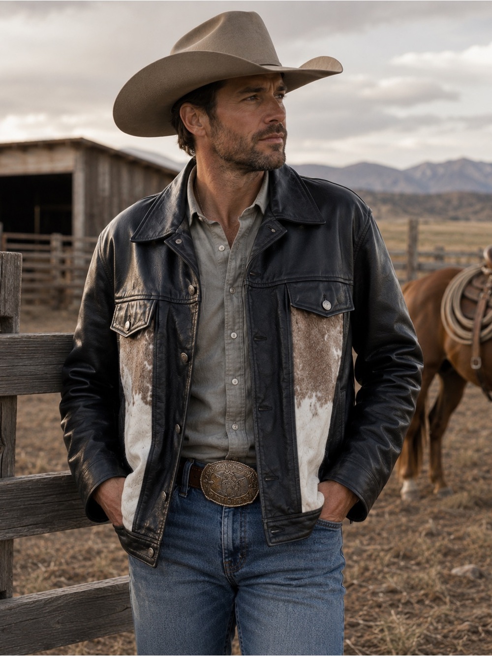 Wilsons Leather Black and White Leather and Cow Hair Jacket